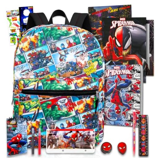 Marvel Avengers Backpack Set Boys Girls Kids -- 7 Pc Bundle With Avengers Superhero School Bag, Folders, Pencil Container, Stickers and More (Marvel School Supplies)