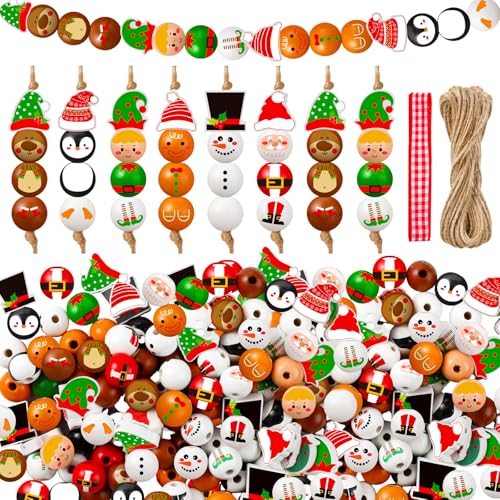 Cinnvoice 240Pcs Christmas Wood Beads with Twine Gingerbread Man...