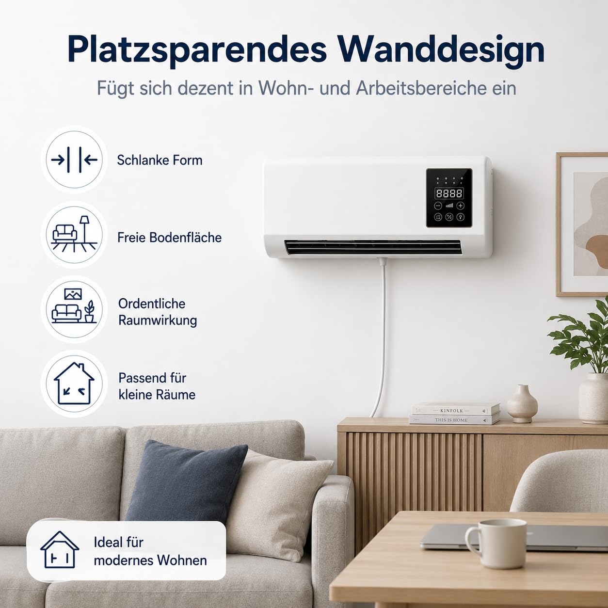 Klimaanlage, Wandmontierter Kühlventilator mit Fernbedienung, Mini Klimaanlage für Zuhause, Platzsparendes Design mit Kühl- und Heizfunktion für Schlafzimmer, Wohnzimmer und Büro
