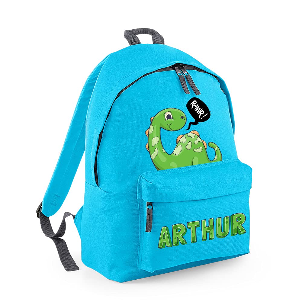 Getagift Women's Surf Blue Graphite Grey Personalised With Any Name Dinosaur Rawr Fashion Backpack, Toddler Backpack For Nursery/Preschool/Travel/Kindergarten, Kids/Teen Fashion Daypack Rucksack Shoulder Bag. (Surf Blue Graphite Grey)