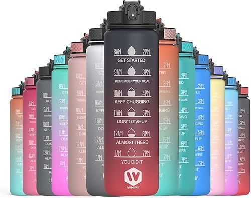 WHIPY Botella de agua de 32 onzas con marcador de tiempo, a prueba de fugas y sin BPA, reutilizable, botella de agua para gimnasio, fácil de llevar,
