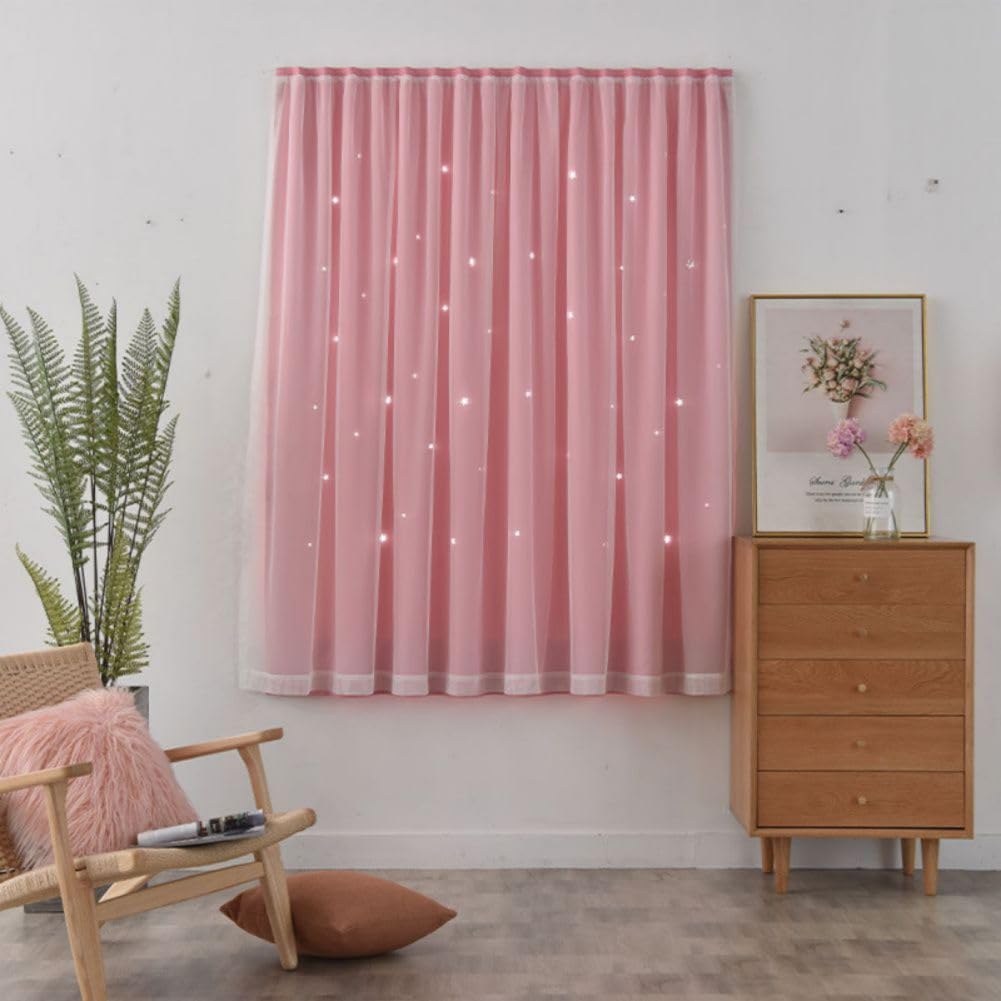 Maritown Self Adhesive Blackout Curtain Stick On No Drilling Window Curtains Double Layer Thermal Insulated Hollow Stars Kids Curtains for Nursery Bedroom Living Room (Pink, 70W x 120H cm)