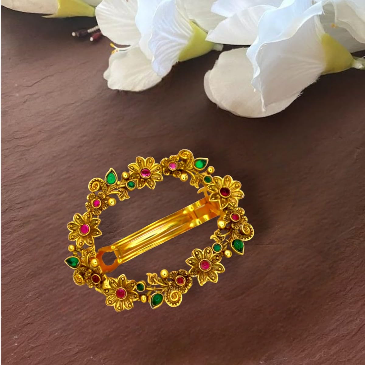 JWELLA Traditional Temple Design Gold-Plated Hair Barrette Clip (Round Shape Design) (Design 8) 3