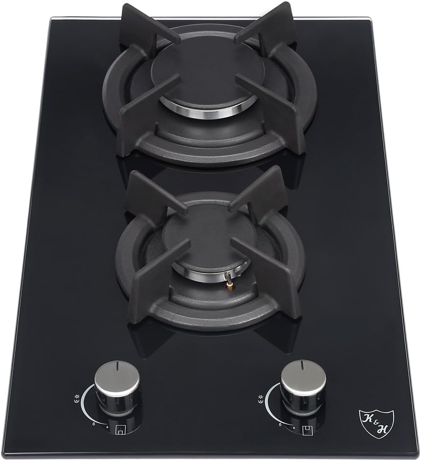 K&H Domino Glass Gas Hob [2 Zones] - Gas Hob - Propane Gas Hob - Built-in Thermocouple Flame Outlet System - 2Z KHGX LPG - Gas Powered - Tempered Safety Glass - Automatic Shut-Off