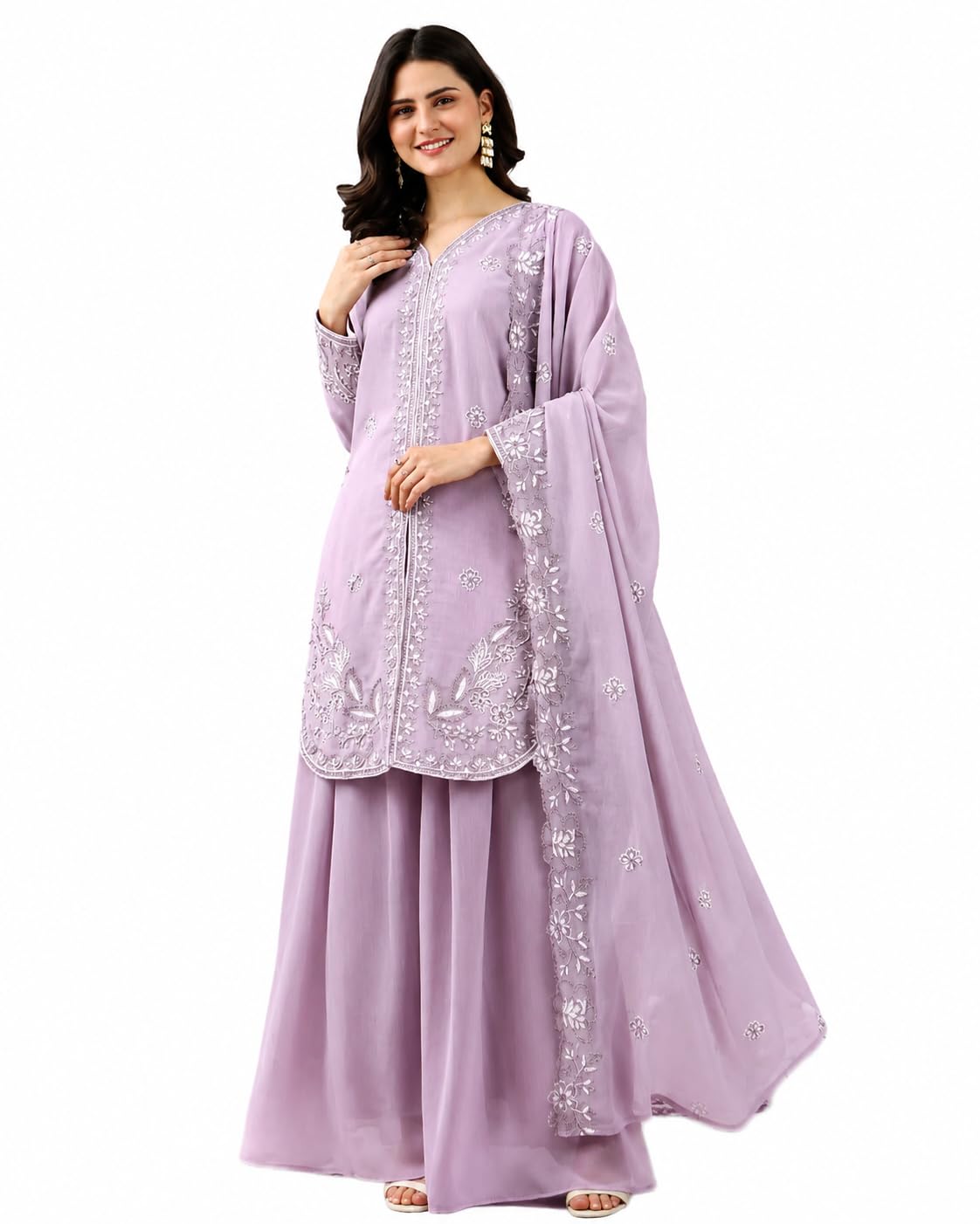 Women's Lavender Embroidered Kurta with Skirt and Dupatta, Floral Design, Ethnic Wear Set-image-20