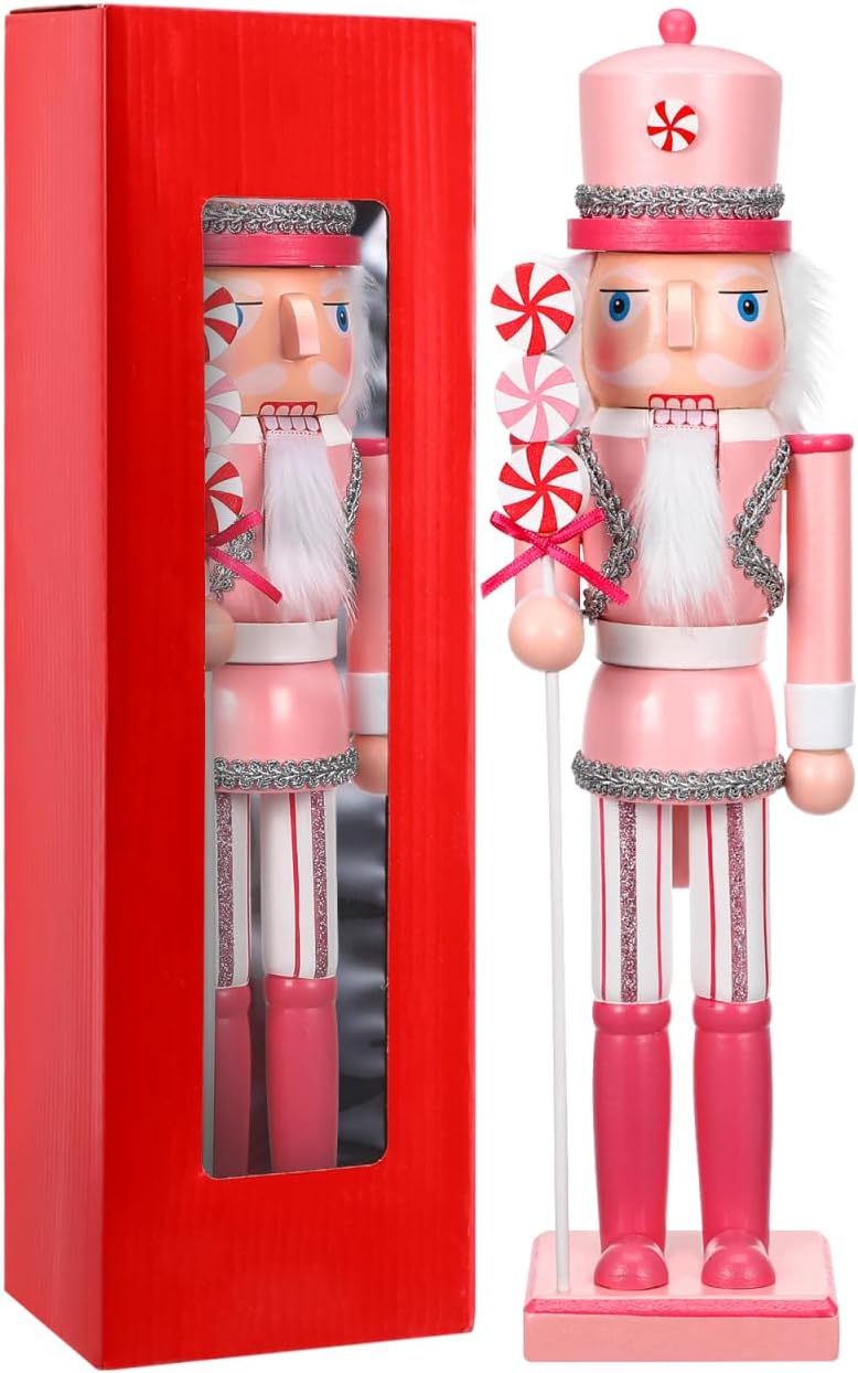 PRETYZOOM Nutcracker Soldier Wooden Christmas Decor Figure - 14.96 Inch Pink Nutcracker for Holiday Indoor Decoration and Festive Celebrations