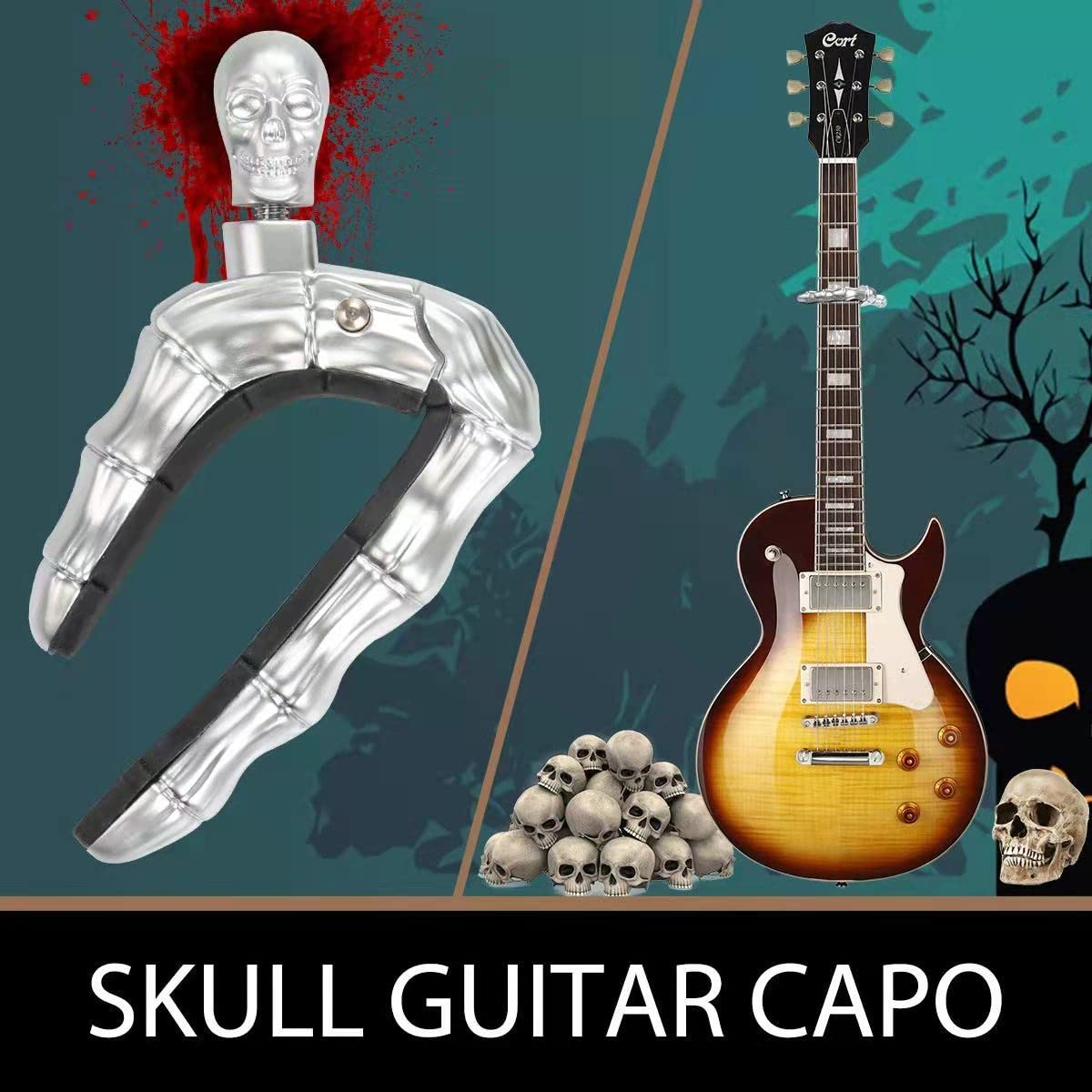 Geva - Pomo de calavera para guitarra acústica y eléctrica, universal, 4, 5, 6, 12 cuerdas, instrumentos, cejillas, bajo, ukelele, mandolina, banjo... (bronce)