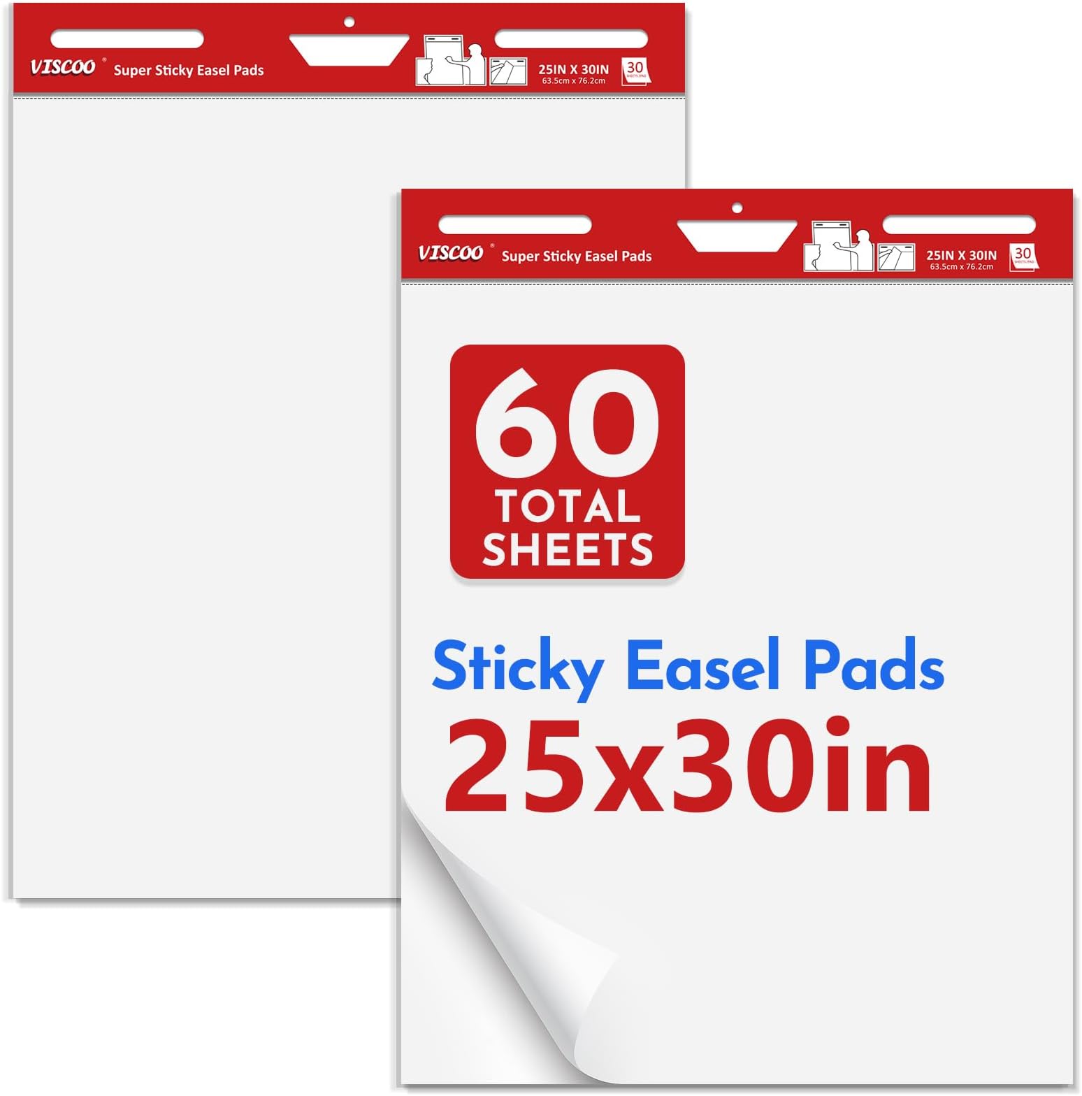 Thickened Sticky Easel Pad, 25 x 30 Inches Flip Chart Paper for Teachers, Giant Self-Stick Chart Paper for Wall, Anchor Chart Paper for Office School Classroom, 60 Sheets/2 Pads Easel Paper