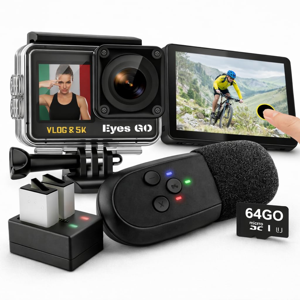 Marca FRANCESE 31 Accessori Fotocamera Sport 5K30fps 4K60FPS 120FPS Foto 50MP 2 Schermi Touch Vlog Telecomando Micro 360° Stabilizzatore E.I.S 2.0 Impermeabile 30M Scheda SDXC 64GO 2 Batterie