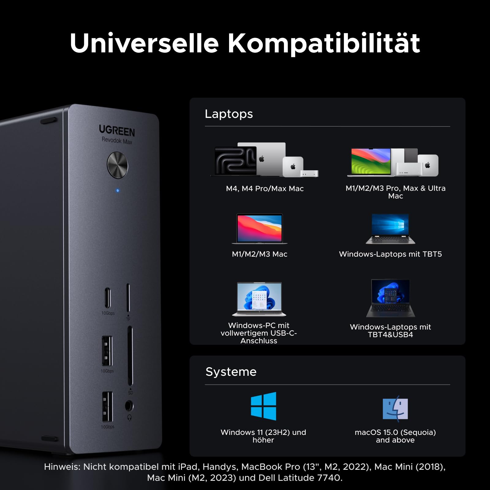 UGREEN Revodok Max Thunderbolt 5 Dock 120Gbps mit 3*TBT5 (Single 8K@60Hz & Dual 6K@60Hz max.), Docking Station 140W Aufladen für Laptop, 2.5Gbps Ethernet, SD 4.0, 3.5mm Aux