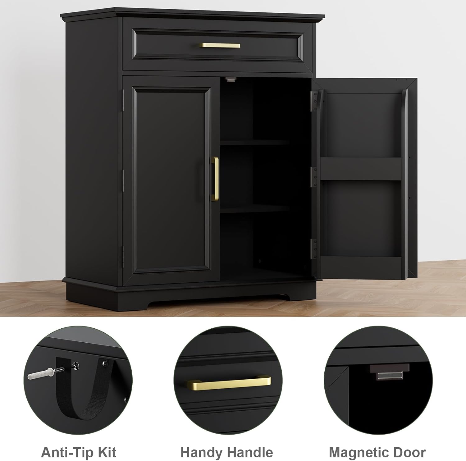 REDAYFUR Kitchen Storage Cabinet with Drawer, Buffet Cabinet with Storable Door, Modern Floor Sideboard, Black Freestanding for Kitchen