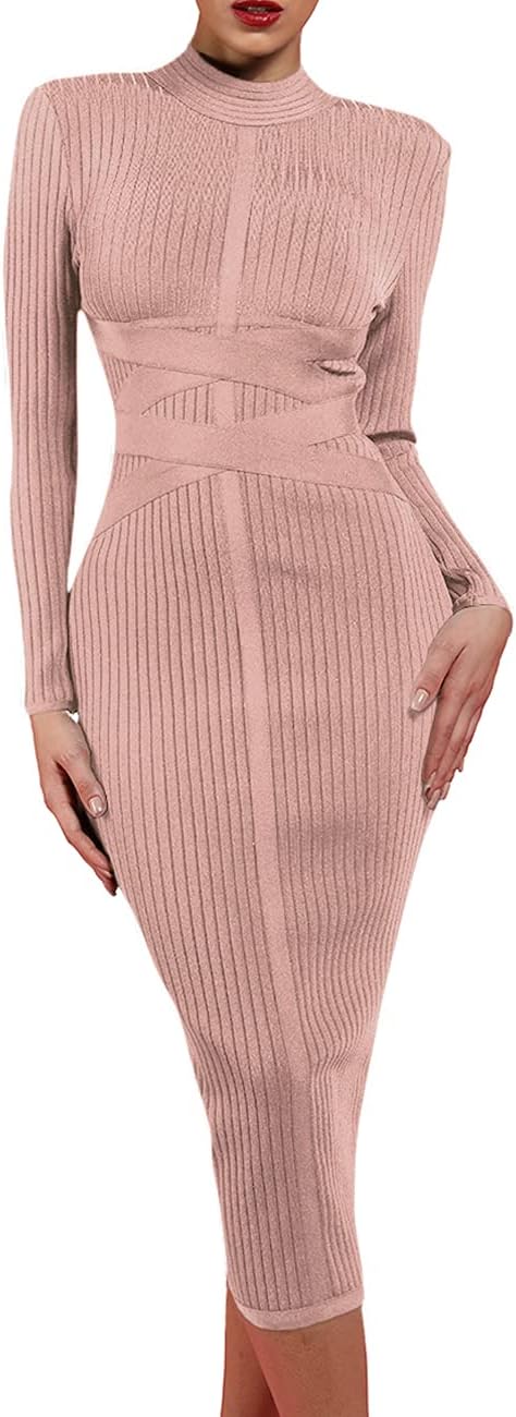 UONBOX Women's Long Sleeves Cross Strap Ribbed Club Party Midi Bodycon Bandage Dress