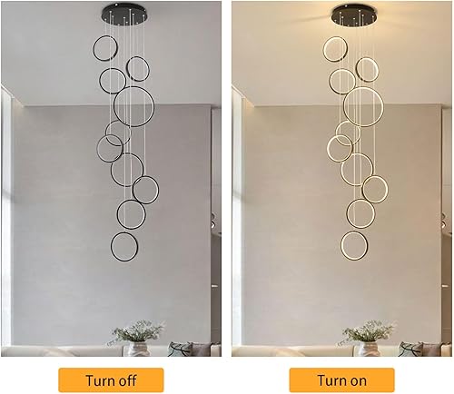 Miniatura 5 de OUKANING Candelabro moderno, regulable con control remoto, 10 anillos, luz colgante LED, altura ajustable, lámpara de techo colgante, para escalera,