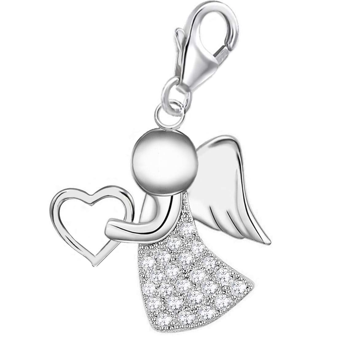 Goldene Hufeisen Schutzengel Herz Karabiner Charm Anhänger für Bettelarmband oder Charmkette Charmträger Silber 925 mit Zirkonia