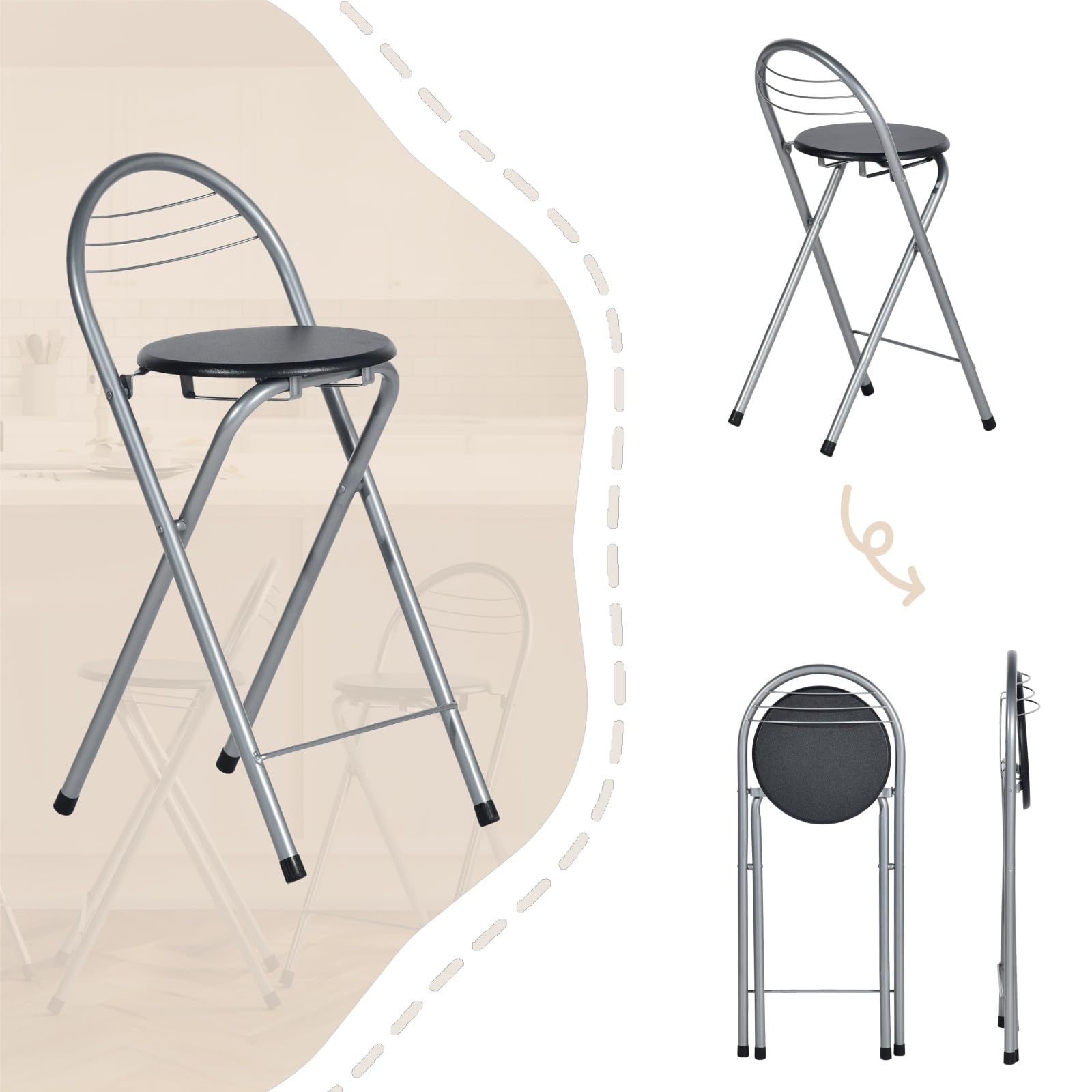 Barhocker Klappbar 2er Set, Klappbarer Barhocker mit Lehne Faltbar Klapphocker Tragbarer Hocker Klappbar für Bar Küche Balkon oder Outdoor, Sitzhöhe 61 cm, Schwarz und Silber