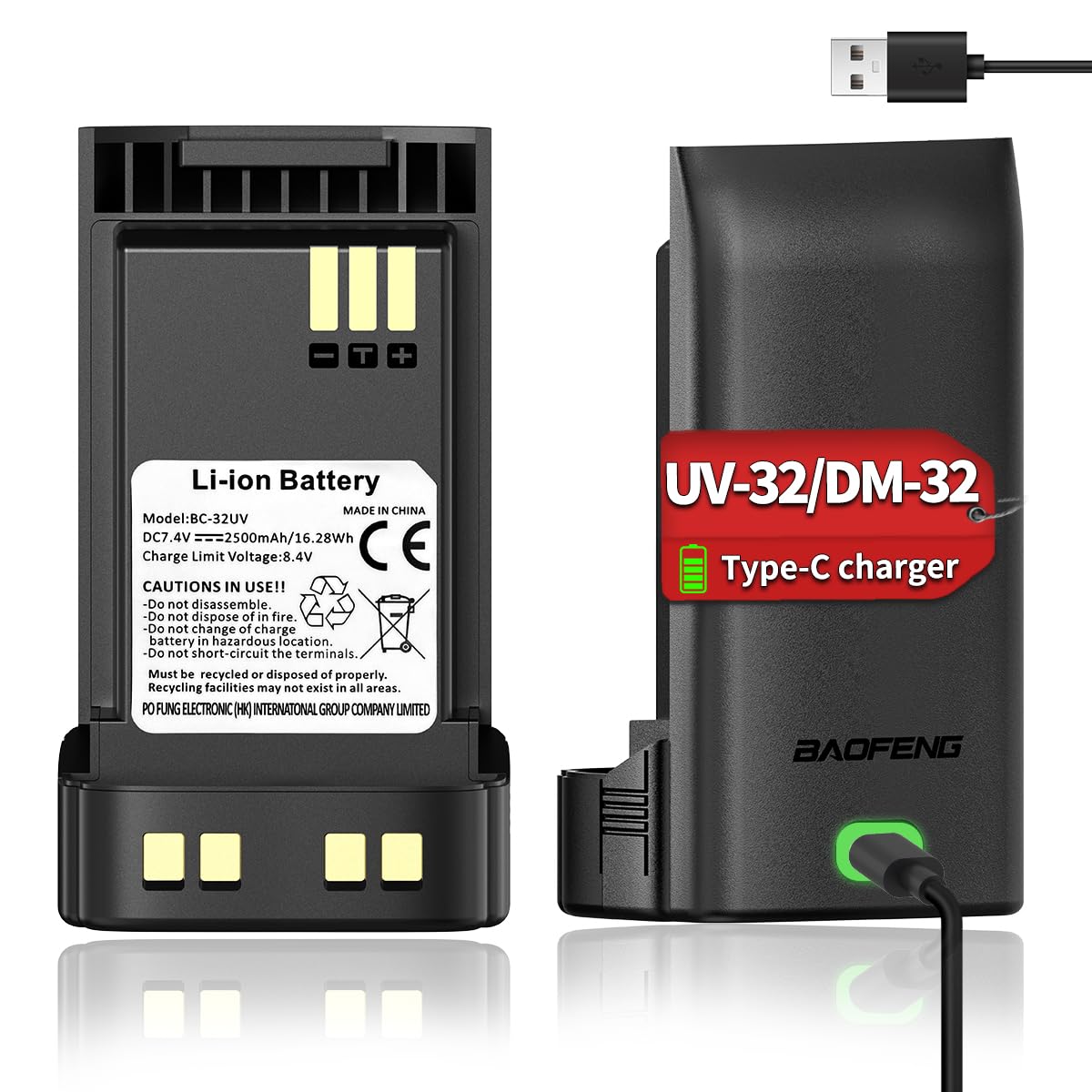 BAOFENG UV-32 Radio Battery 2500mAh USB-C Charging Rechargeable Battery Compatible with UV-32 DM-32 Walkie Talkie High Capacity with Type-C Charging Cable,1Pack