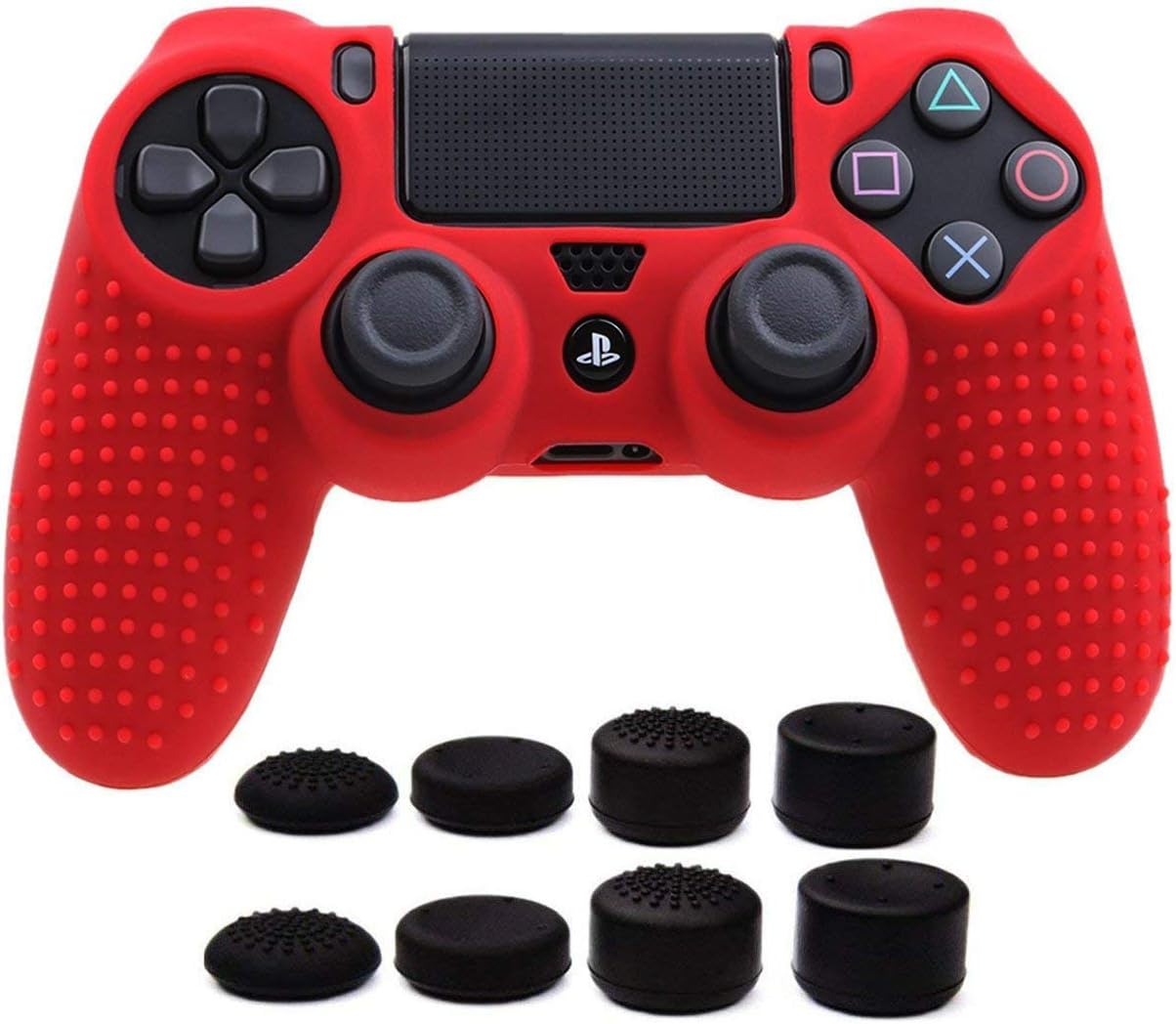 Taifond Anti-Slip Silicone Controller Cover Protective Skins for PS4/SLIM/PRO Controller with 8 Thumb Grip Caps (Red)