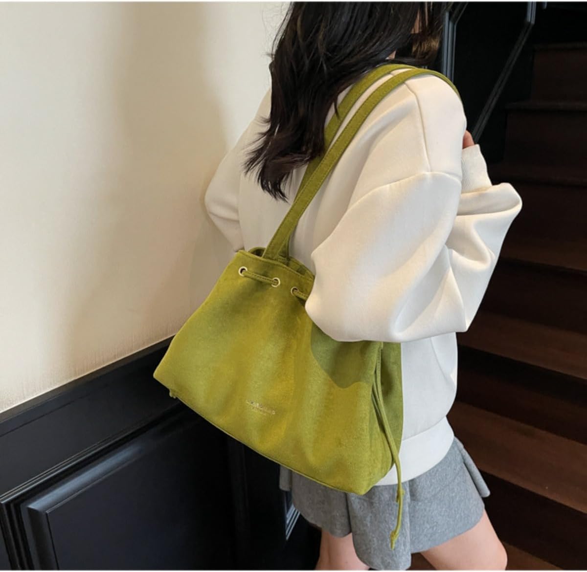 Retro Suede Bucket Purse Causal Travel College Crossbody Bag Drawstring Handbag Purse for Women Shouder Straps Tote