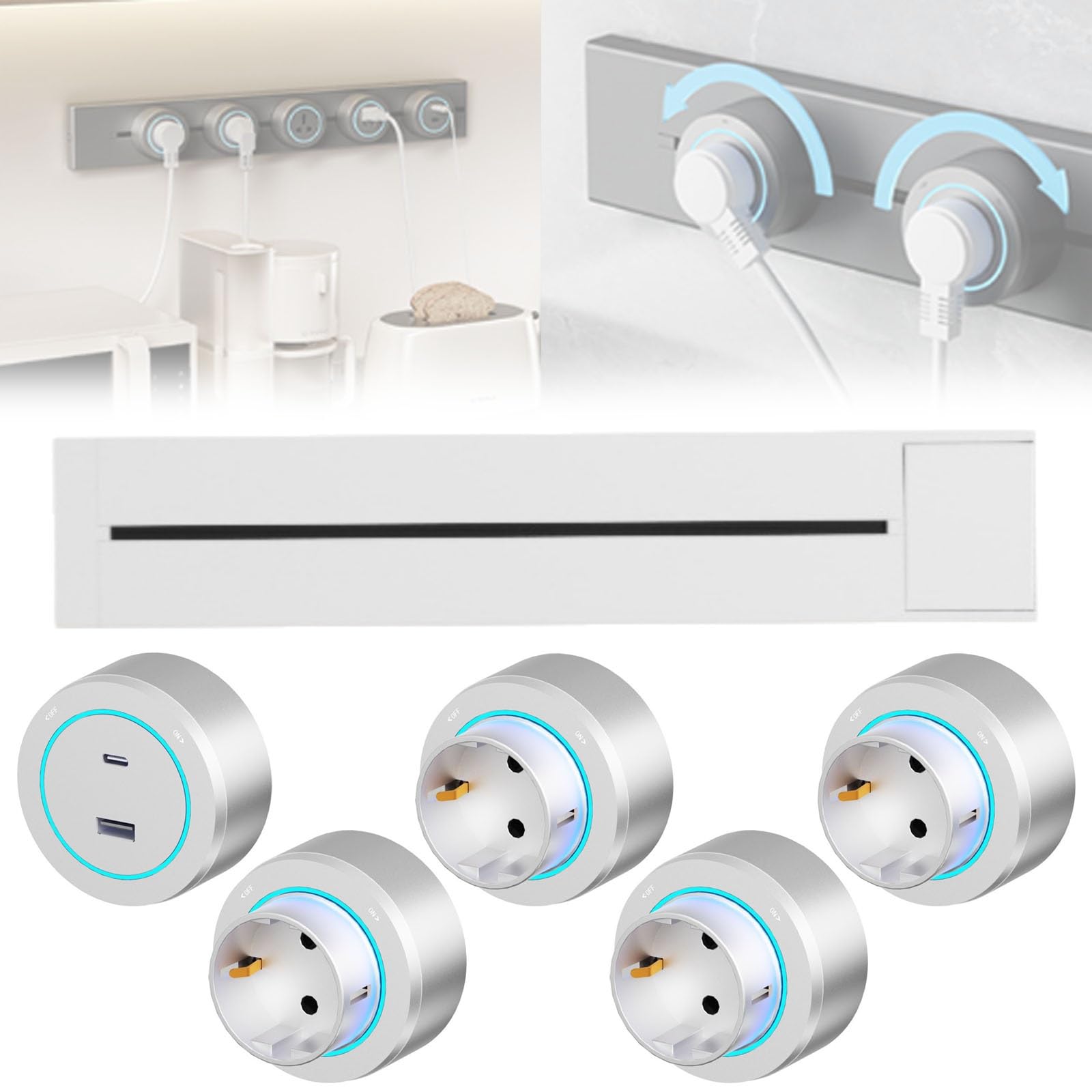 Presa per Binario Da 8000 W, Scheda Di Cablaggio per Binario Scorrevole Di Alimentazione Da Parete Da 40-100 Cm Con Interruttori, Presa per Binario Di Alimentazione Staccabile(White,60cm)