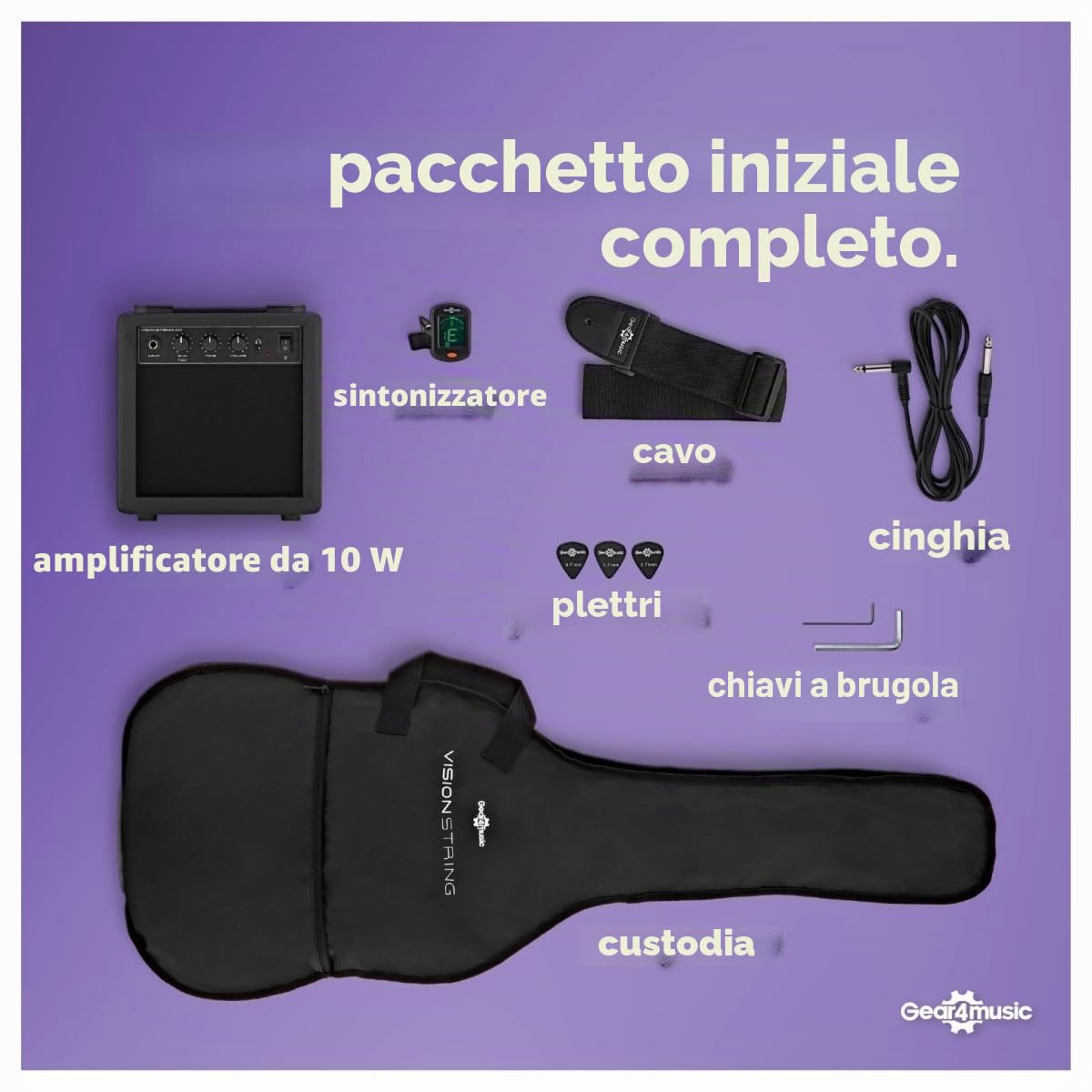 VISIONSTRING Chitarra elettrica mancina e amplificatore Starter Kit 4/4 Dimensione completa Chitarra per principianti Nero
