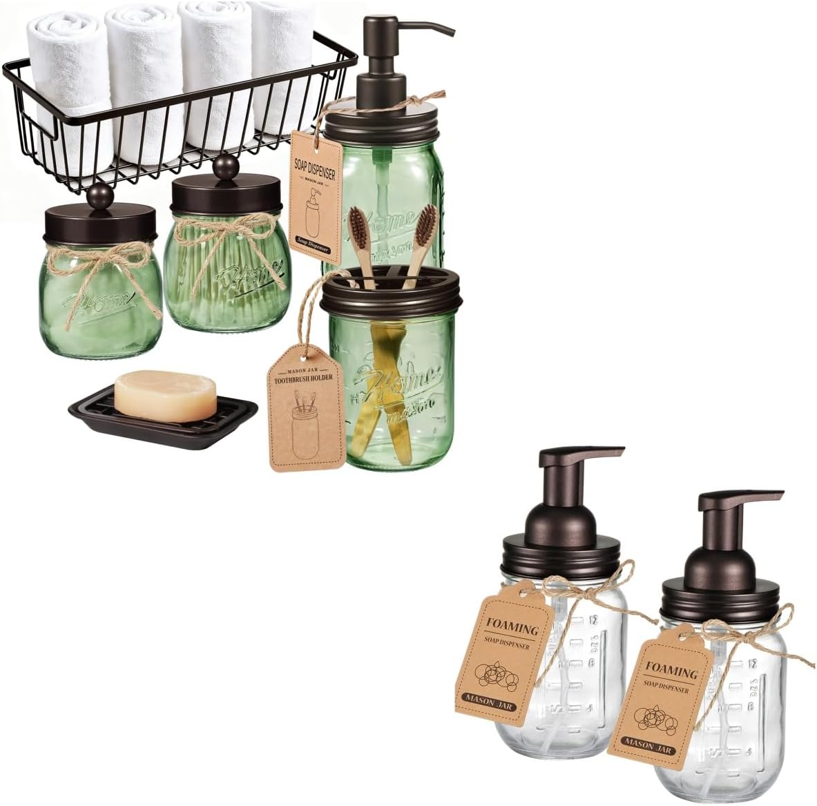 SheeChung 2 Pack Glass Foaming Soap Dispenser & 6Pcs Green Mason Jar Bathroom Accessories Set, Hand Soap Dispenser, Toothbrush Holder, Soap Dish, Metal Besket, Farmhouse Bathroom Decor
