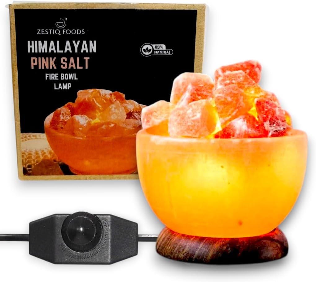 Zestiq Foods100% Natural Himalayan Rock Salt - Wooden Base Dimmer Switch 7"-8" Height, 6-7 lbs Hand-Carved Rock Crystal, Natural Warm Amber Glow Calming Atmosphere