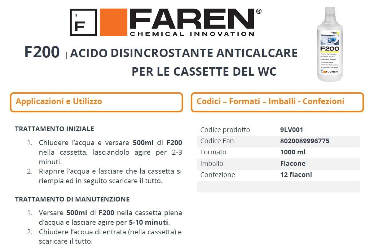 FAREN, Disincrostante Anticalcare F200, Elimina Incrostazioni di Calcare dalle cassette di scarico, Sicuro su Plastiche e Gomme, Efficiente ed Economico, 5lt (2, Latta 5lt)