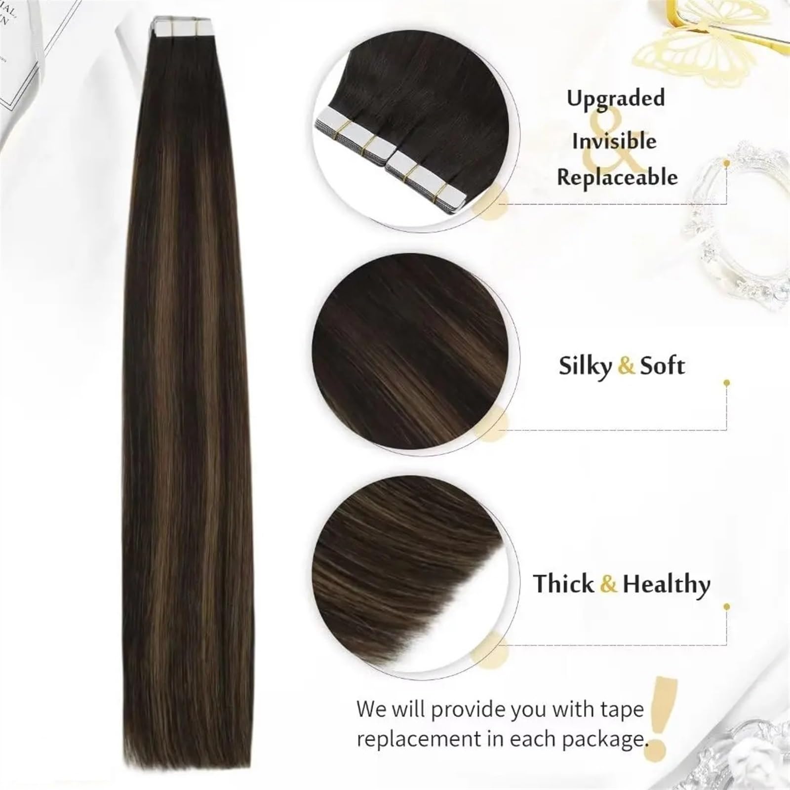 Kobiety Balayage ludzkich włosów Najciemniejszy brąz Ombre Brązowa taśma Doczepy z w doczepach Prawdziwe ludzkie włosy doczepiane Taśma na 14-24 cali Taśmy do przedłużania włosów(10 pcs 25G,20 INCHES)