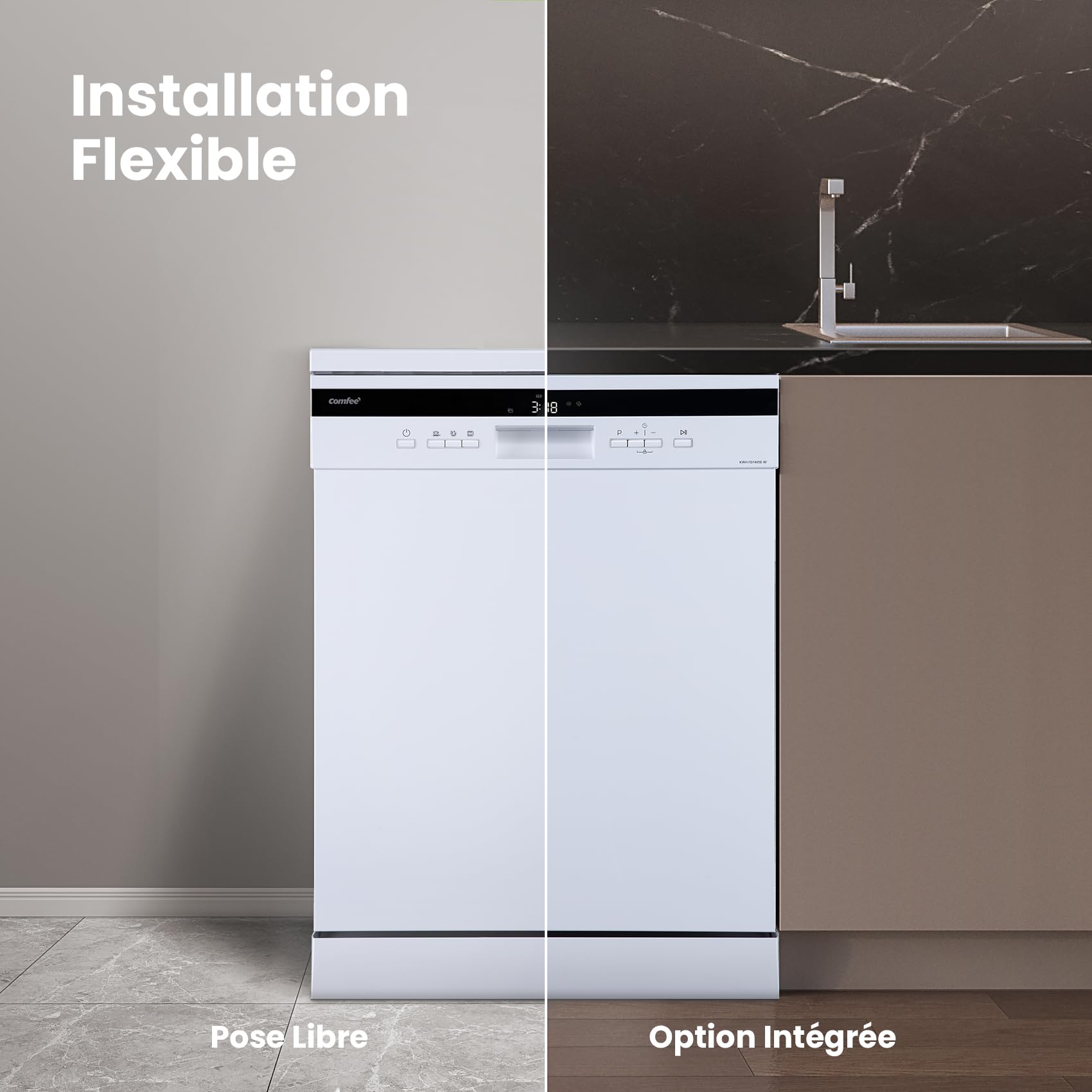 COMFEE' FD1435E-W Lave-vaisselle Pose Libre 14 Couverts, 60 cm, 44 dB | 8 Programmes, Ouverture Automatique, Départ différé, Demi-Charge, Paniers Flexibles, Séchage Intensif, Blanc