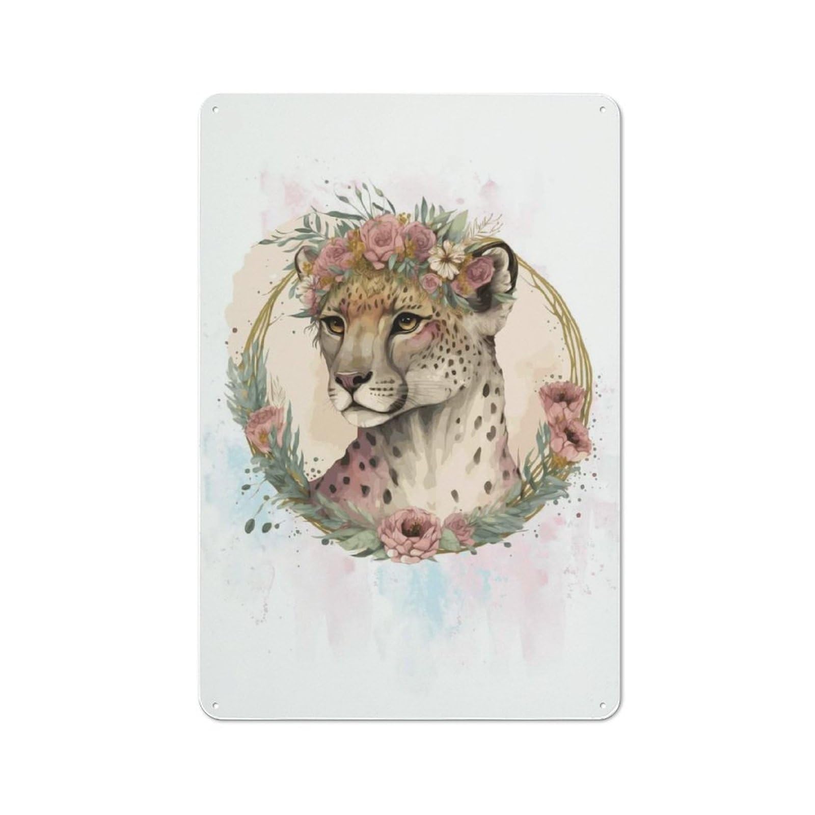 Floral Watercolor Cheetah Rustic Metal Plaque 30x20cm for Lounge Or Reading Corner, for Garage, Workshop And Man Cave Decoration