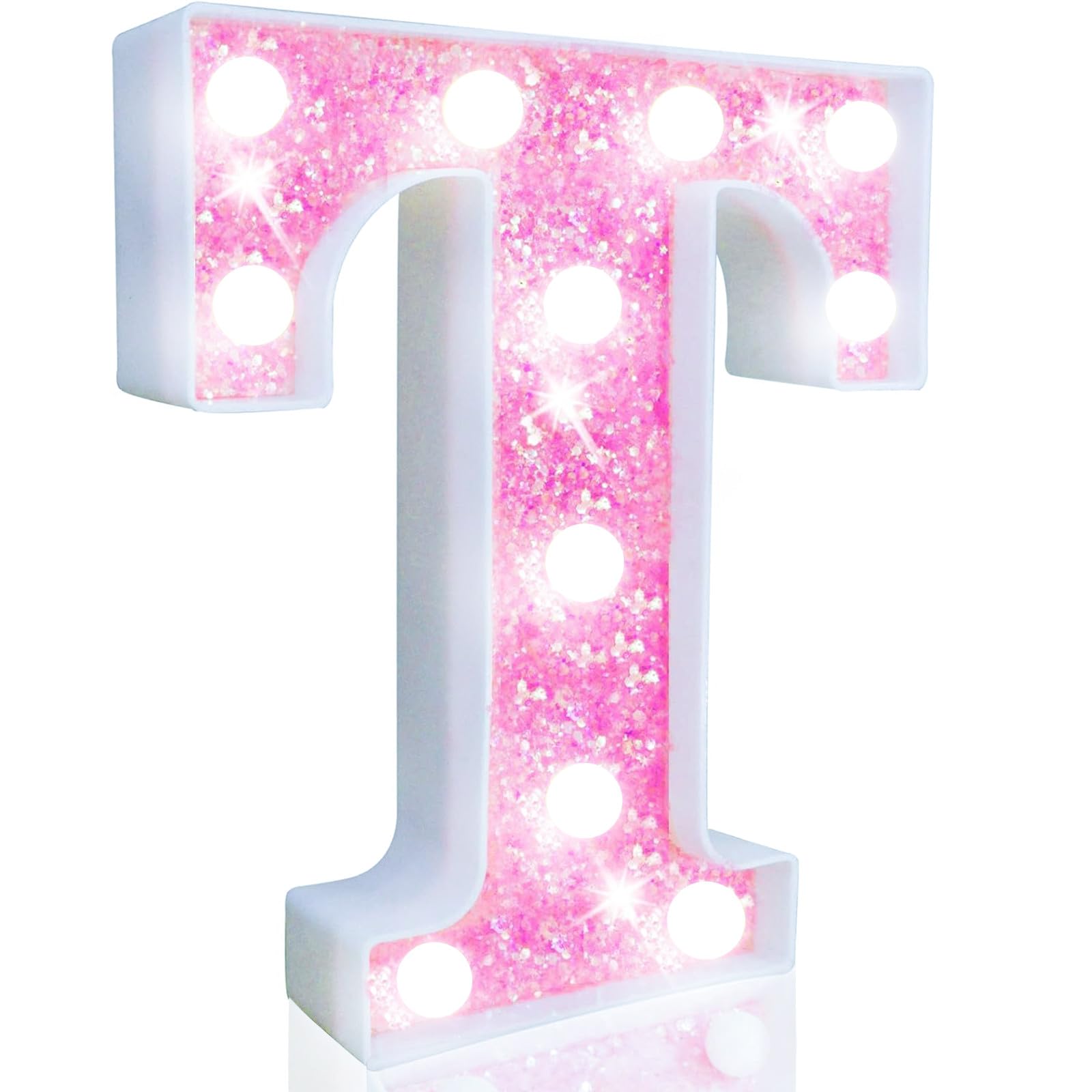 Pooqla LED Marquee Letter Lights, Light Up Letters Glitter Letter Sign Girls Gift, Battery Powered Night Light Pink Birthday Party Room Wedding Christmas Girls Bedroom Dorm Decoration, Cool White T