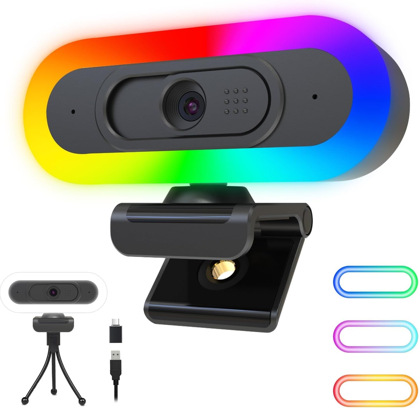 ToLuLu Streaming Webcam 2K 50FPS Web Cam, LED RGB Webcam mit Mikrofon und Licht, Autofokus Computer Kamera mit Abdeckung und Stativ, Plug-Play USB Webcam für PC Desktop/MacBook Gaming Videoanrufe