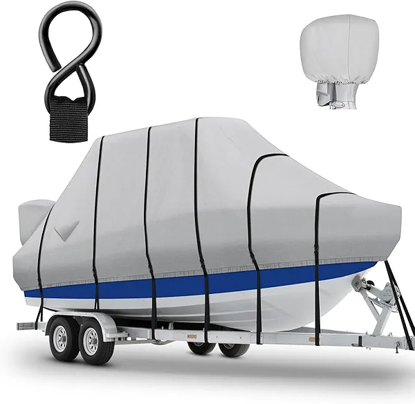 YimSting 1200D T-Top Boat Cover, Heavy Duty Waterproof Hard Top Boat Cover with Metal Buckles & Motor Cover for Center Console Boat with T TOP Roof 24'-26' with Upgraded 15 Windproof Straps, Gray