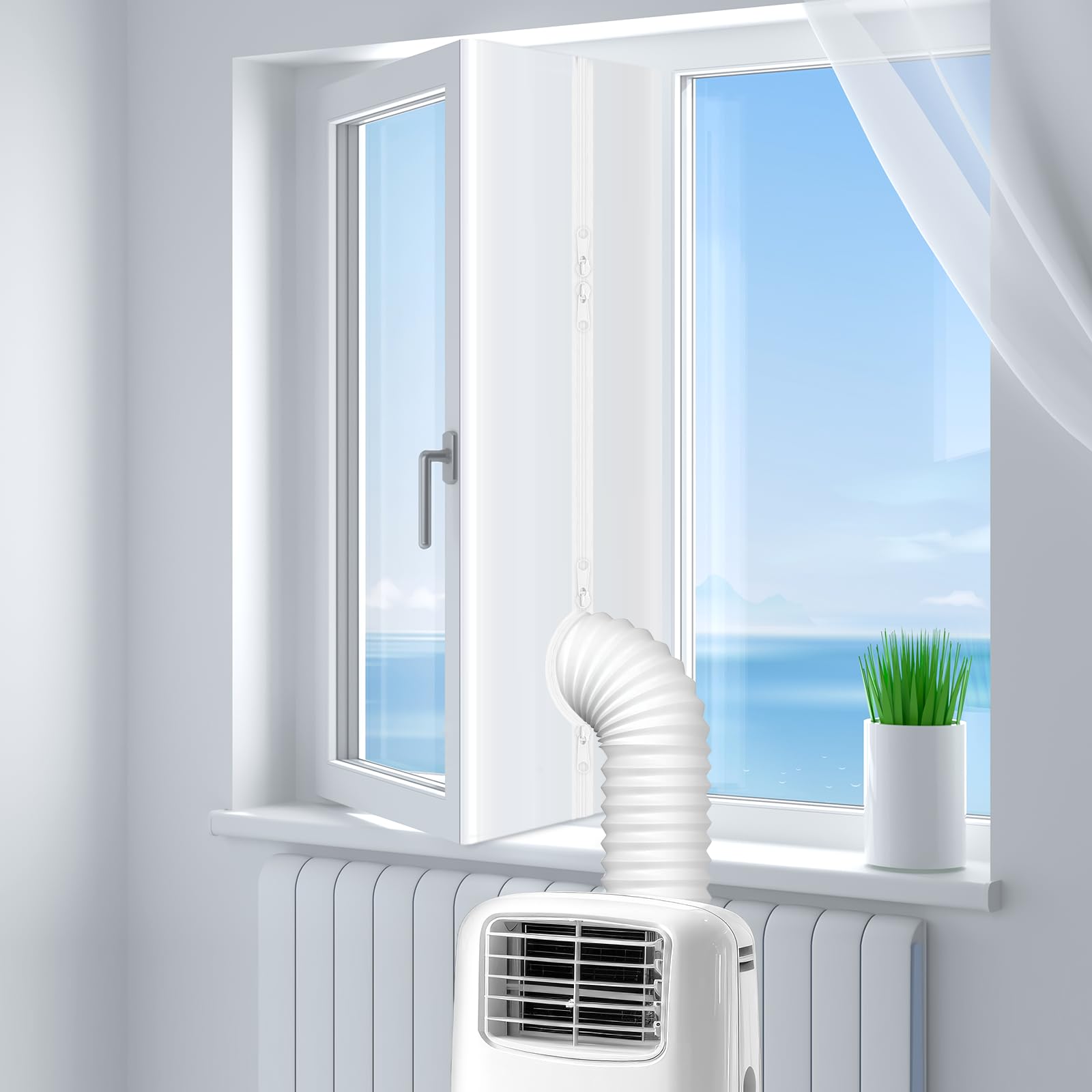 Newthinking White Portable Air Conditioner Window Seal 400Cm/158 Inch, Universal Ac Window Seal Kit With Zip And Adhesive Fastener For Mobile Air Conditioner Unit And Tumble Dryer