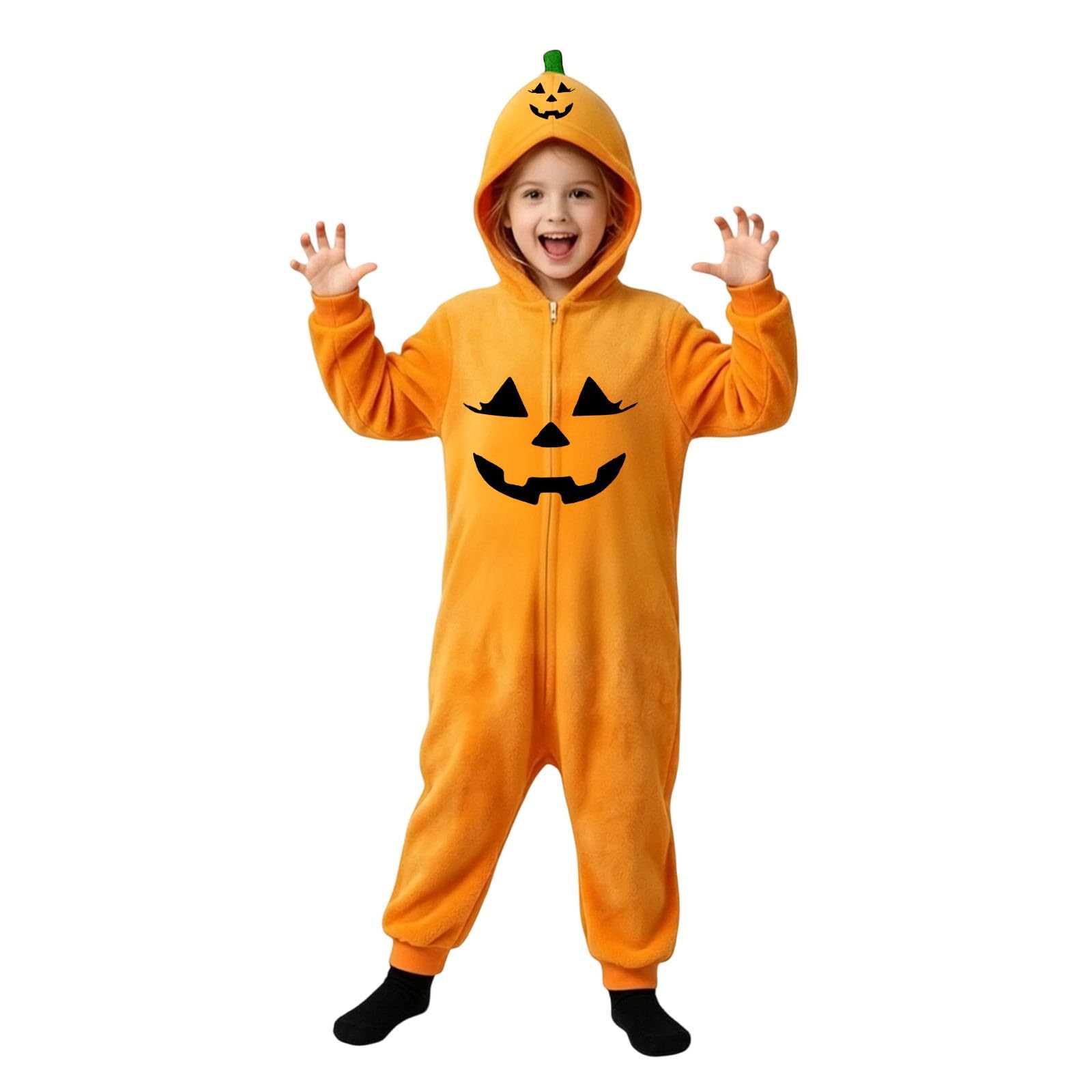 Kids Hooded Pumpkin Fleece Onesie Soft One Piece Halloween Fancy Dress Outfit with Green Leaf Collar Lantern Print Front Zip Cosplay Costume for Kids Dress Up Play Trick or Treat Events
