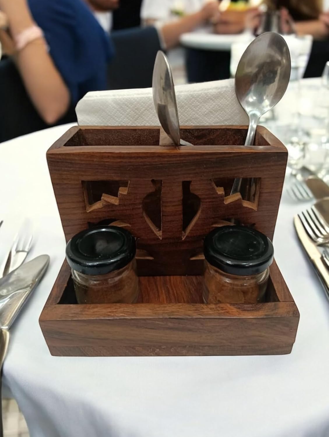Handcrafted Wooden Cutlery Holder with Carved Design 2 Slot Utensil Organizer for Dining Table & Kitchen Multipurpose Rustic Spoon Stand