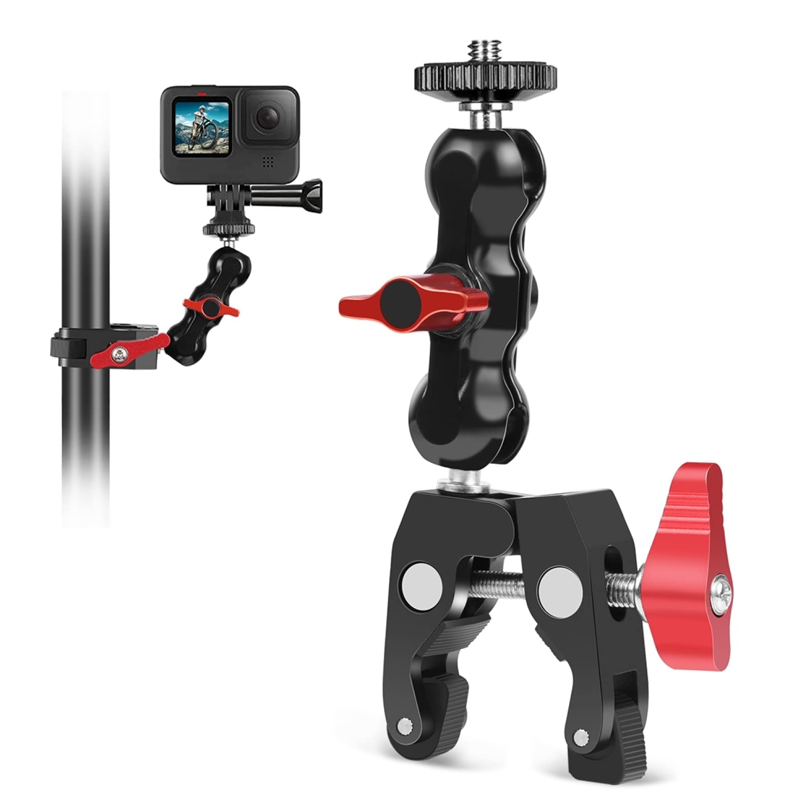 Brazo mágico universal para cámaras DSLR, cabeza de bola doble con adaptador de zapata fría y tornillo de 1/4 pulgadas, construcción de aleación de aluminio