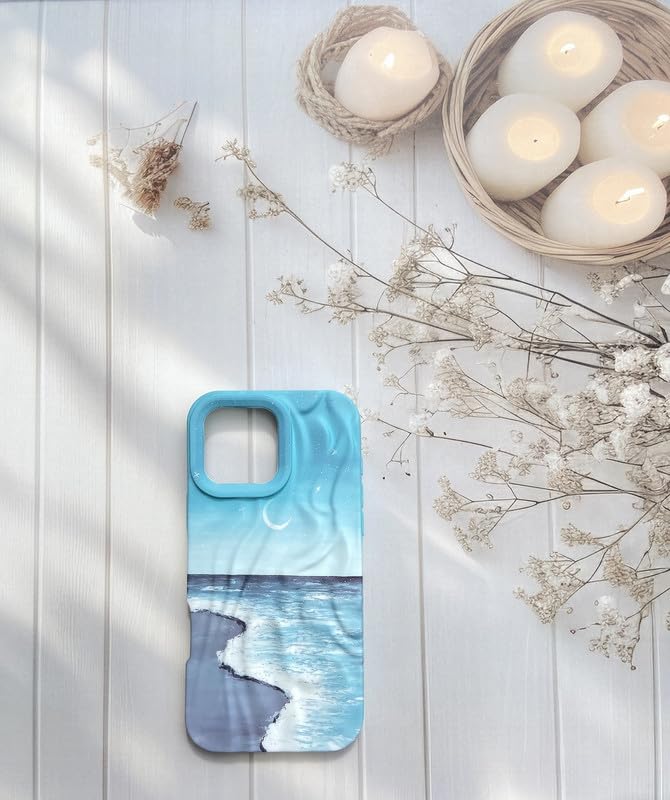 Image of COVERLY for iPhone 14 Plus Aesthetic Ocean Wave Sky Design Mobile Back Case Cover, Luxury Texture Trendy Cute Blue Sea Moonlight Cool Design -Shade 3D Wrinkle Princess Cover for Apple iPhone 14 Plus