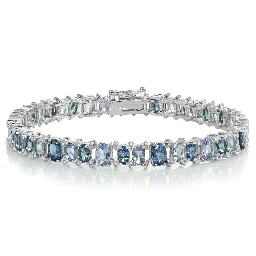 Sterling Silver Tanzanite, London Blue and White Topaz Oval Tennis Bracelet