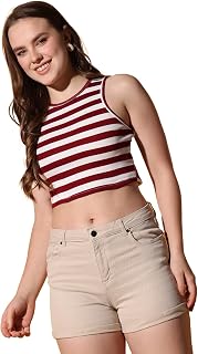 Striped Ribbed Crop Tank Top, Sleeveless Mock Neck, Slim Fit (in, Alpha, S, Regular, Maroon)