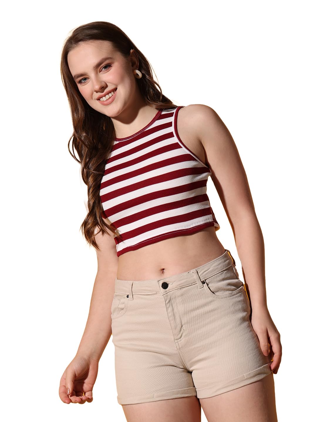 Striped Ribbed Crop Tank Top, Sleeveless Mock Neck, Slim Fit-picture-25