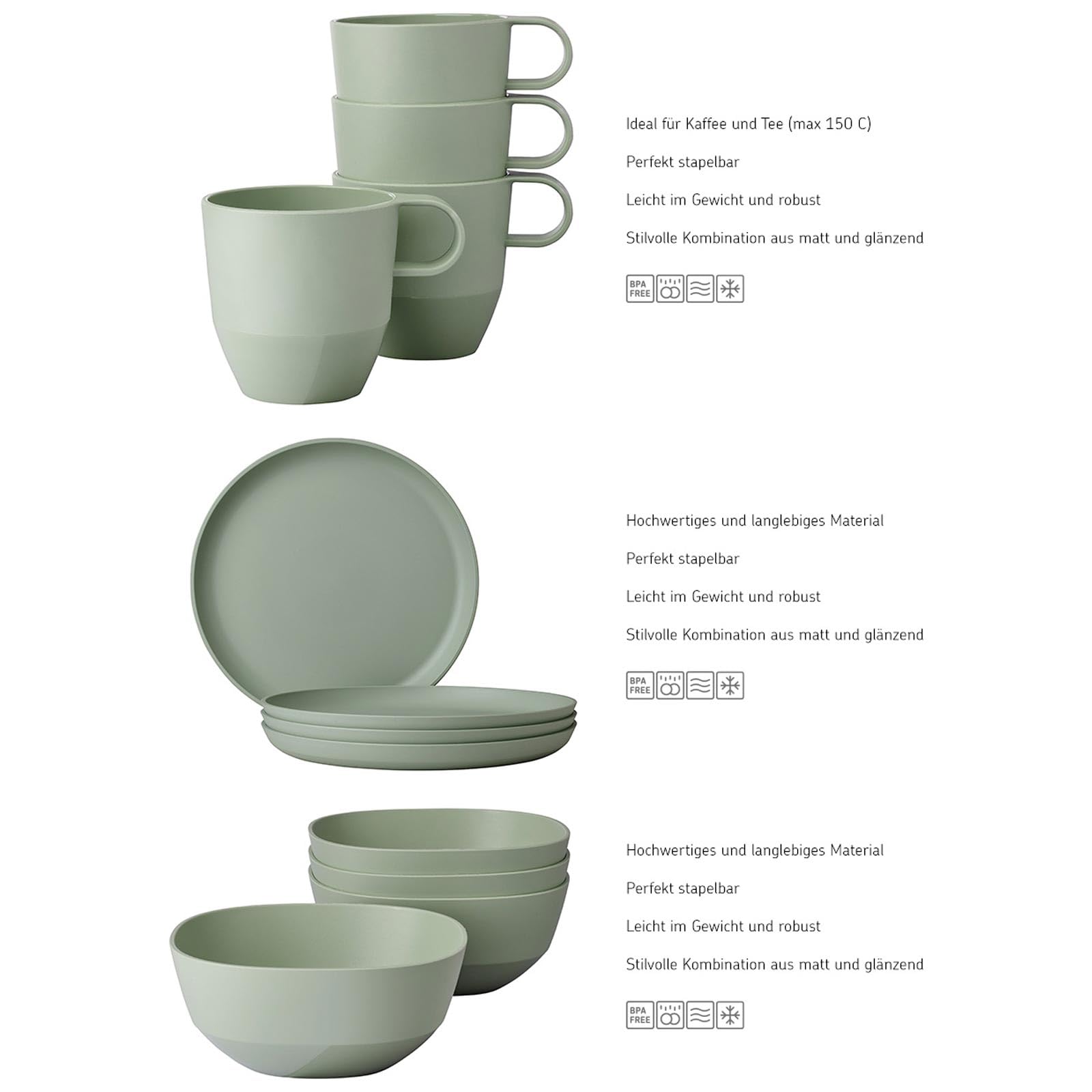 Mepal Frühstücks-Set 12-teilig Silueta Becher (300 ml), Teller (23 cm) und Schalen (750 ml) Outdoor-Geschirr für 4 Personen Spülmaschinen- und mikrowellenfest Kunststoff (PET) Nordic Sage