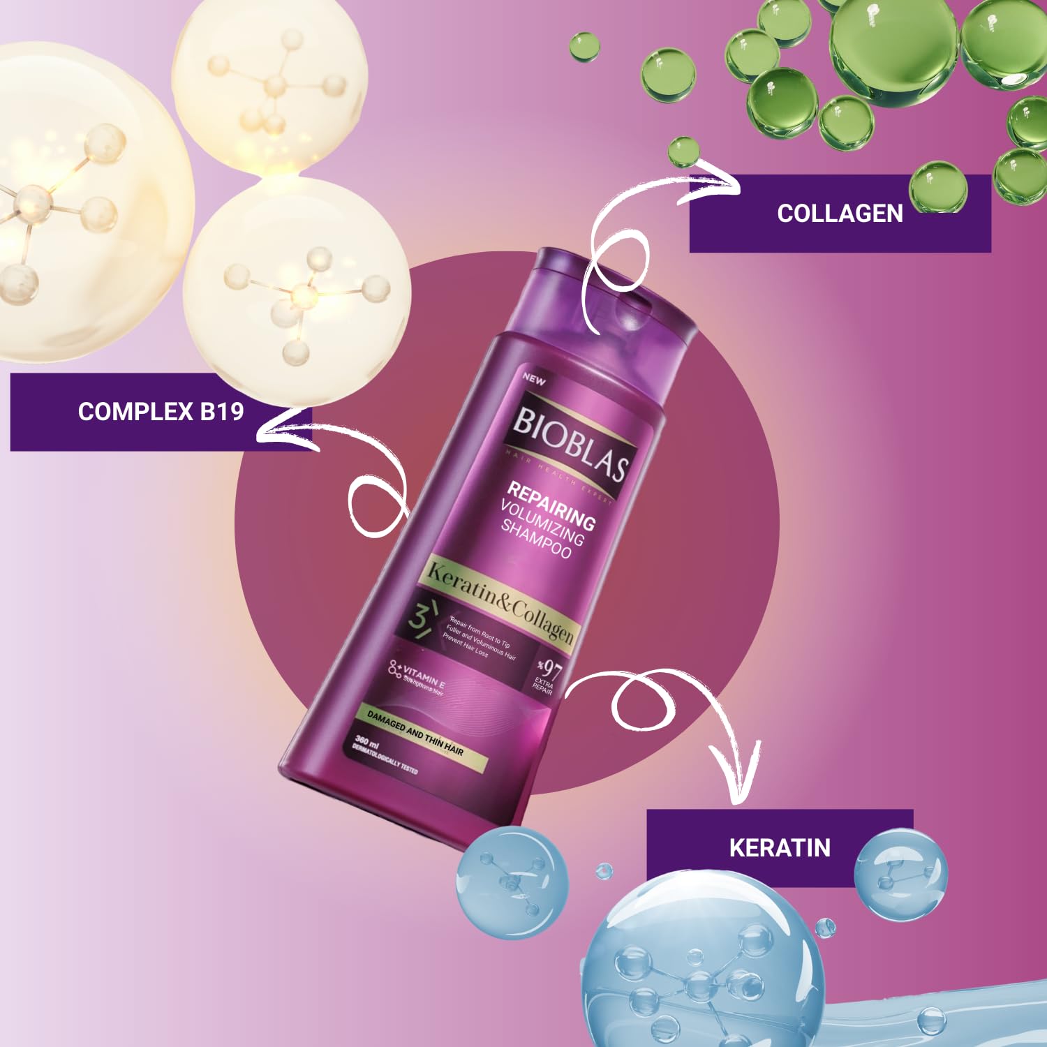 Bioblas Repairing Plumping Anti-Hair Loss Shampoo Keratin Collagen 360 ML - Image 3