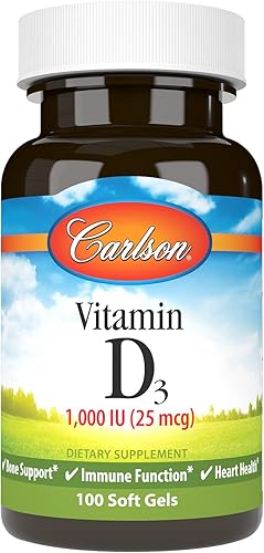 Carlson - Vitamina D3, 1000 UI (25 mcg), salud ósea, salud muscular, colecalciferol, suplementos de vitamina D, geles blandos de vitamina D3, 100