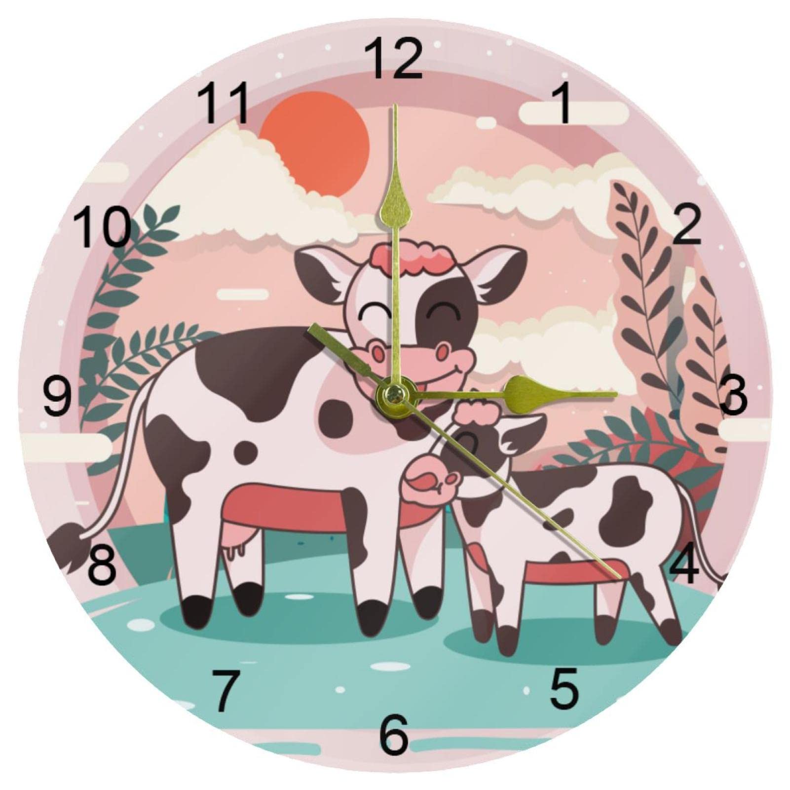 Horloge murale silencieuse rose anti tic-tac motif vache 25,4 cm