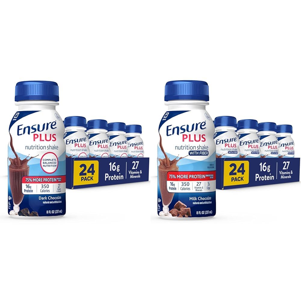 EnsurePlus Nutrition Shake, 24 Count, With 16 Grams of Protein, Meal Replacement Shakes, 8 Fl Oz & Ensure Plus Nutrition Shake With Fiber, 16 Grams of Protein, Meal Replacement Liquid
