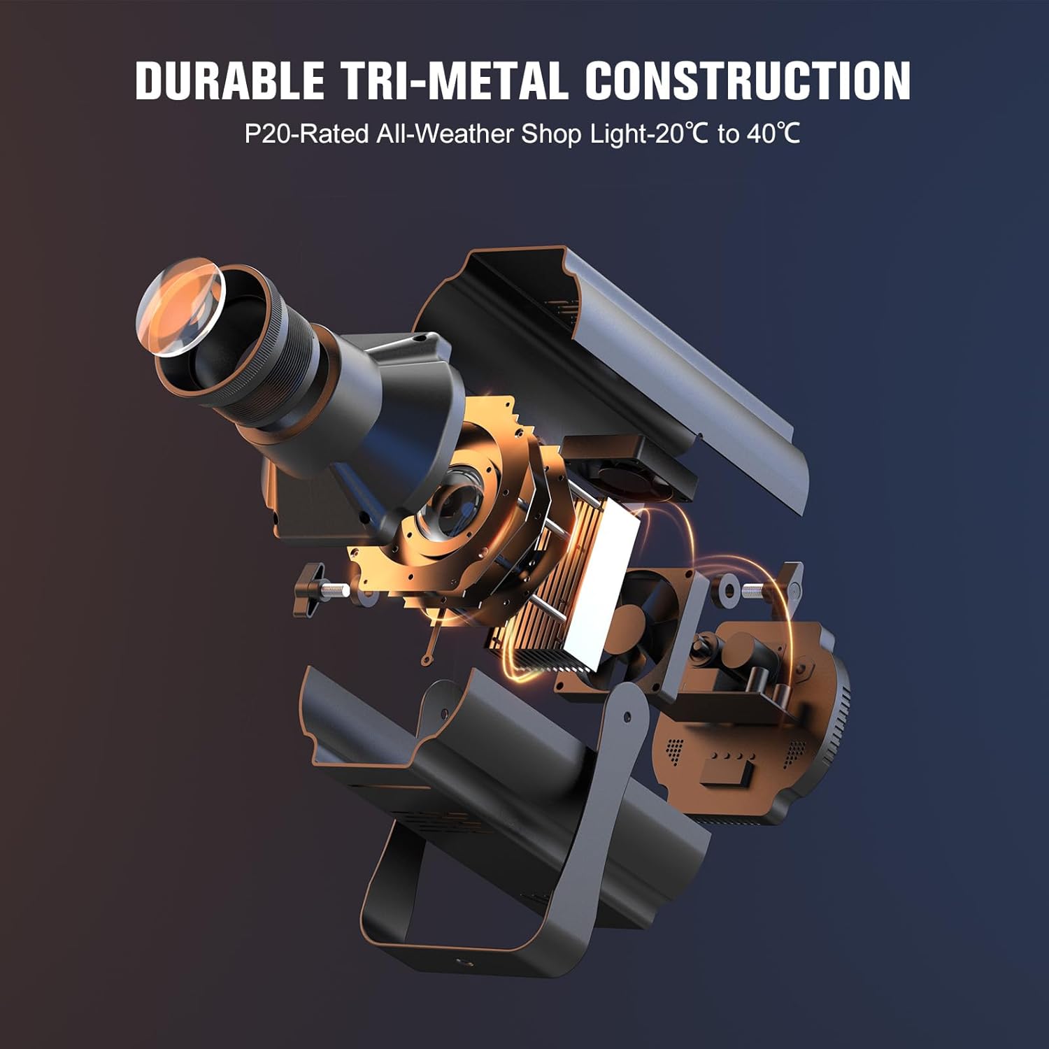 Exploded view of Nitehop spotlight showing internal components and durable tri-metal construction.