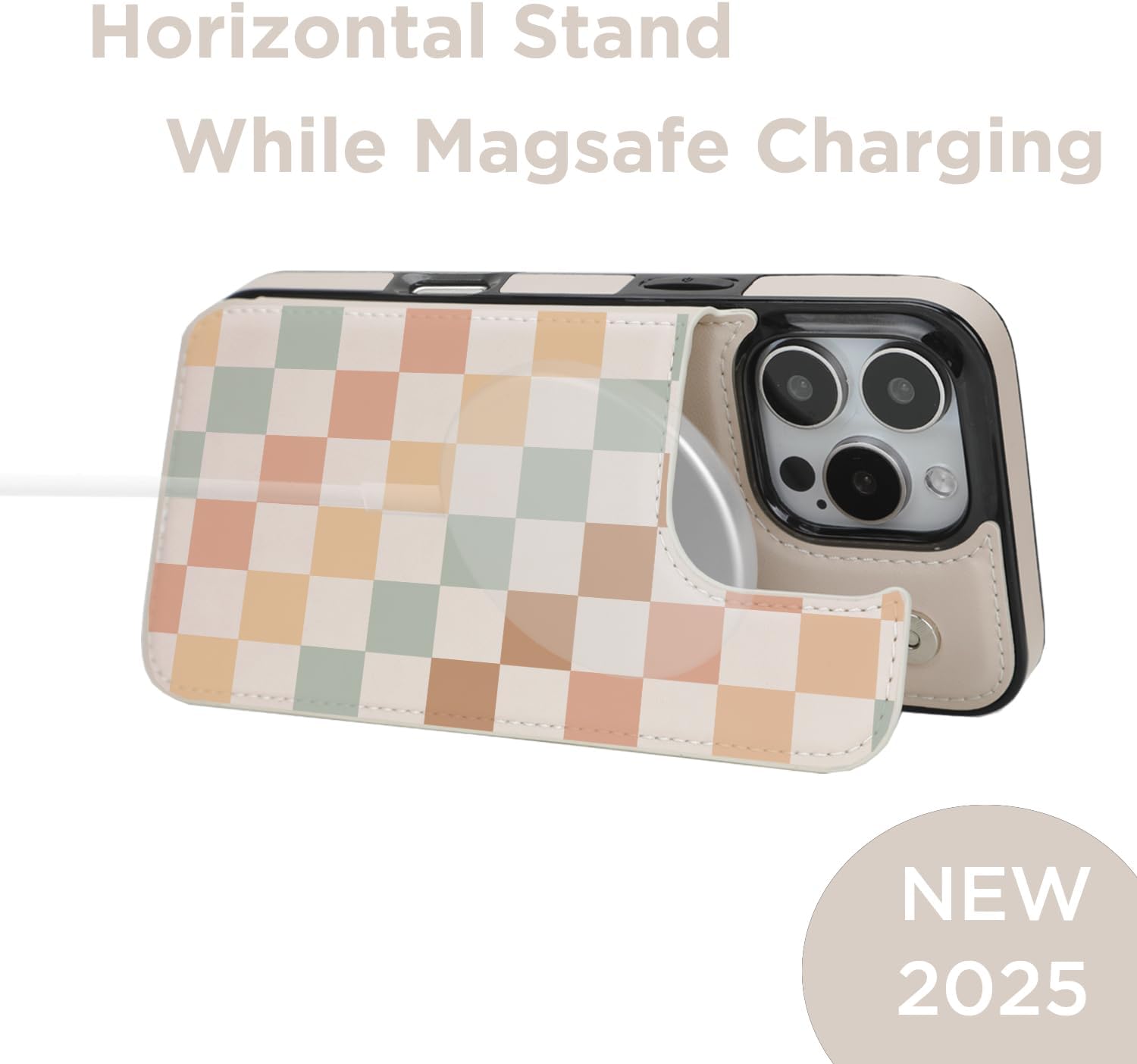 uCOLOR for iPhone 16 Pro Max 6.9" Wallet Case Magsafe with Card Holder Slot【Compatible with MagSafe】 Folio Flip PU Leather Double Magnetic RFID Design with Camera Lens Protector (Pastel Check Vibes) - Image 5