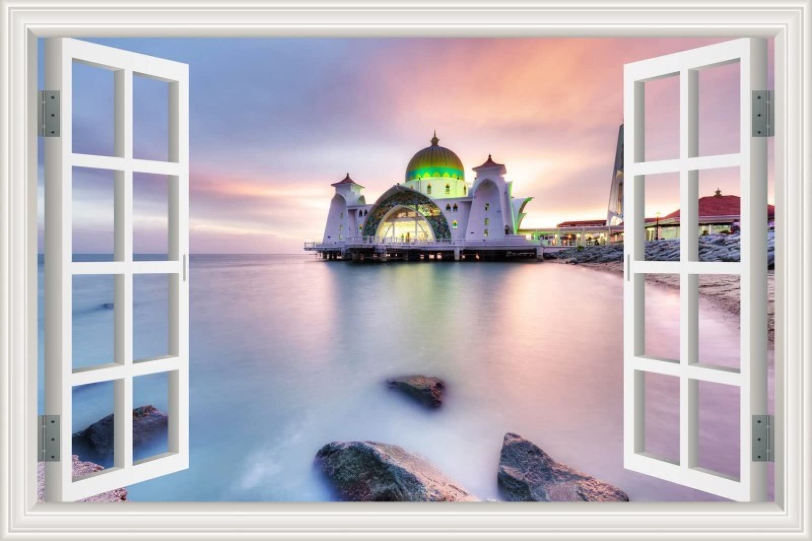 MUMUWUSG Etiqueta De La Pared Del Vinilo 3D Puesta De Sol Cielo Famosos Arquitectura Papel Tapiz Fotográfico 3D Ventana ​Murales Sala De Estar Papel De Pared De Fondo 3D Decoración De Pared Sal 90X60C