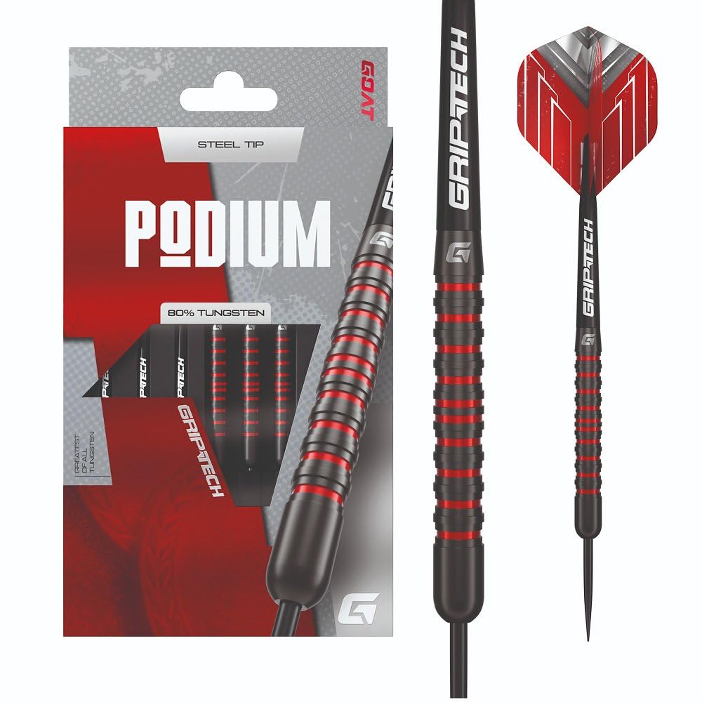 GOAT – Podium Black Red 80% Tungsten Steel Tip Darts, 20 Grams, Black & Red, With Extra Flights and Shafts, Professional Dart Set, 3 Steel Darts
